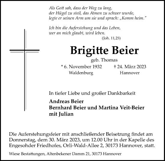 Traueranzeige von Brigitte Beier von Hannoversche Allgemeine Zeitung/Neue Presse