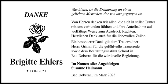Traueranzeige von Brigitte Ehlers von Ostsee-Zeitung GmbH
