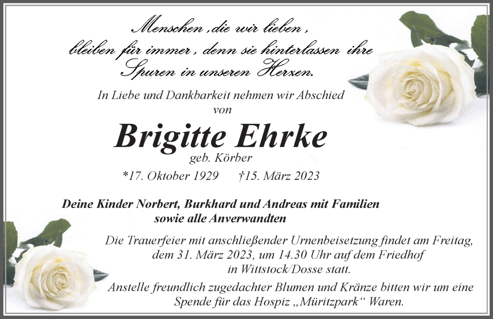  Traueranzeige für Brigitte Ehrke vom 18.03.2023 aus Märkischen Allgemeine Zeitung