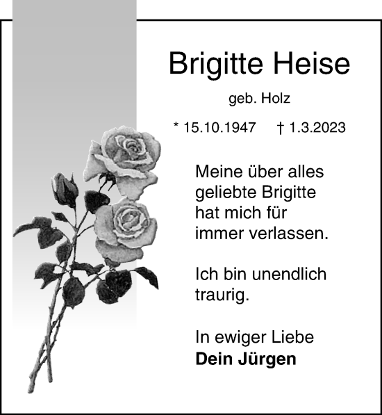 Traueranzeige von Brigitte Heise von Lübecker Nachrichten
