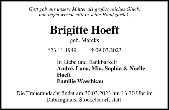 Traueranzeige von Brigitte Hoeft von Lübecker Nachrichten