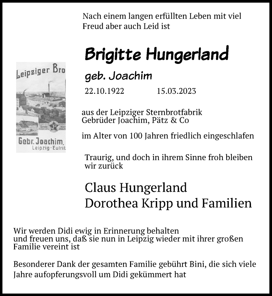  Traueranzeige für Brigitte Hungerland vom 18.03.2023 aus Leipziger Volkszeitung
