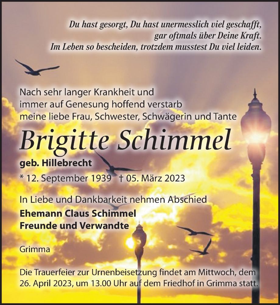  Traueranzeige für Brigitte Schimmel vom 11.03.2023 aus Leipziger Volkszeitung