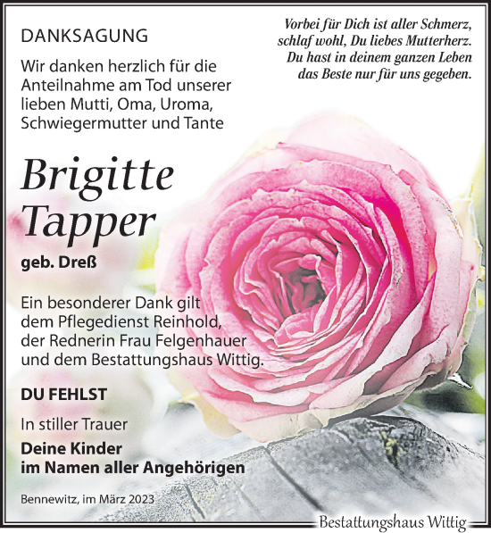 Traueranzeige von Brigitte Tapper von Leipziger Volkszeitung