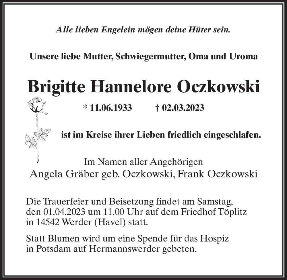  Traueranzeige für Brigitte Hannelore Oczkowski vom 18.03.2023 aus Märkischen Allgemeine Zeitung