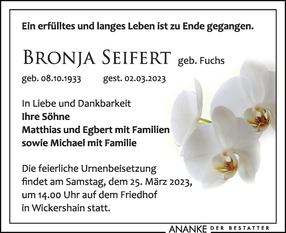  Traueranzeige für Bronja Seifert vom 18.03.2023 aus Leipziger Volkszeitung