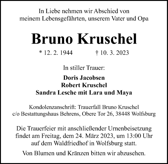 Traueranzeige von Bruno Kruschel von Aller Zeitung