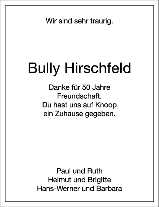 Traueranzeige von Bully Hirschfeld von Kieler Nachrichten