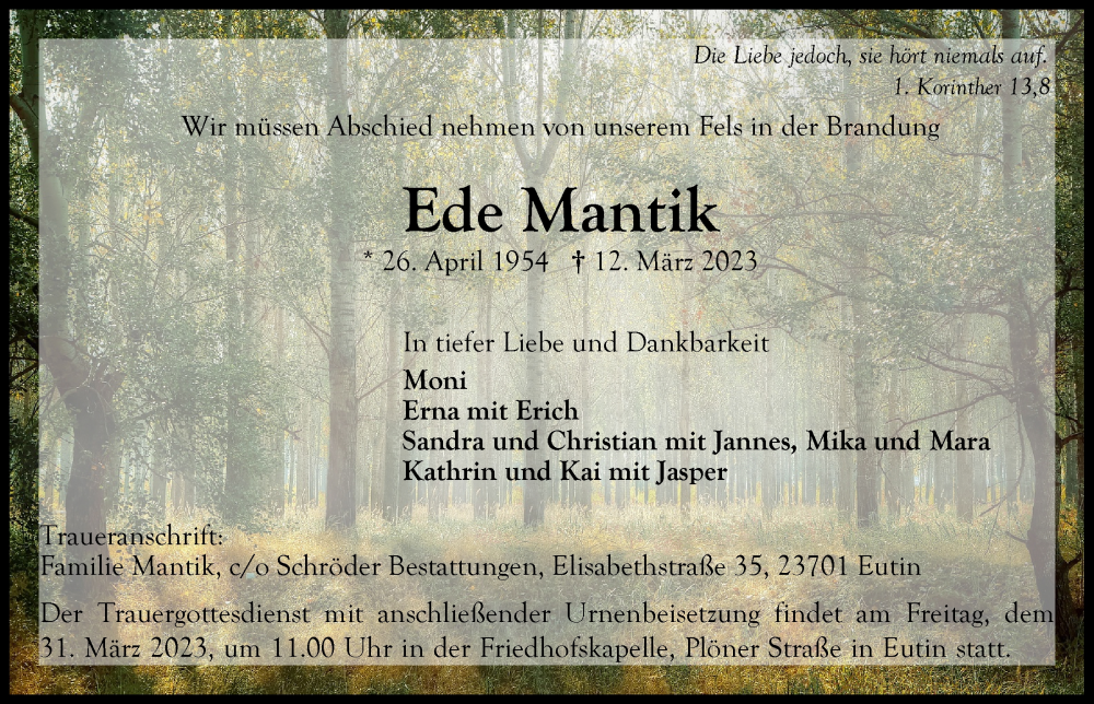  Traueranzeige für Ede Mantik vom 25.03.2023 aus Kieler Nachrichten