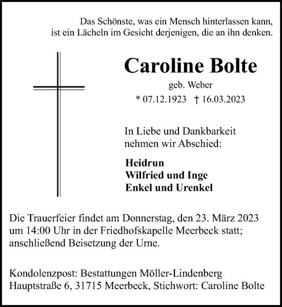 Traueranzeige von Caroline Bolte von Schaumburger Nachrichten