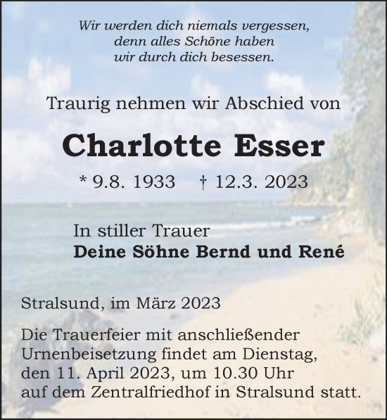 Traueranzeige von Charlotte Esser von Ostsee-Zeitung GmbH
