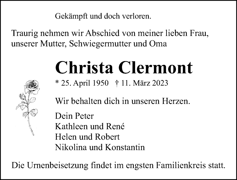  Traueranzeige für Christa Clermont vom 18.03.2023 aus Ostsee-Zeitung GmbH