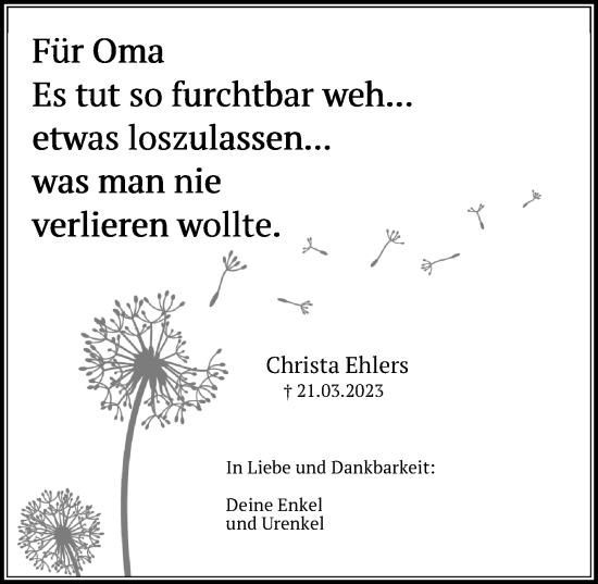 Traueranzeige von Christa Ehlers von Ostsee-Zeitung GmbH
