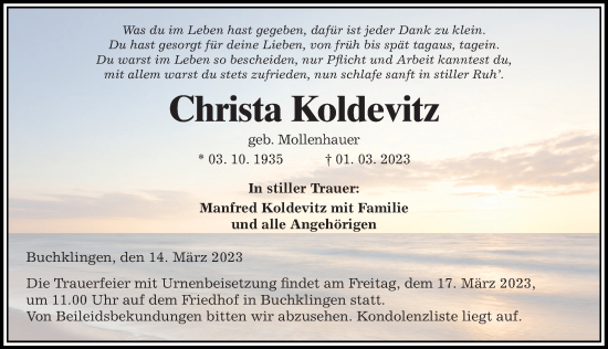 Traueranzeige von Christa Koldevitz von Ostsee-Zeitung GmbH