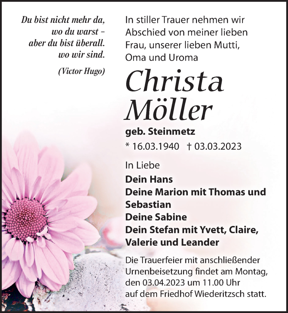  Traueranzeige für Christa Möller vom 11.03.2023 aus Leipziger Volkszeitung