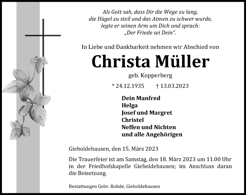  Traueranzeige für Christa Müller vom 15.03.2023 aus Eichsfelder Tageblatt