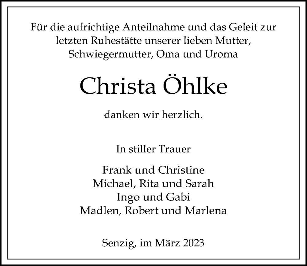  Traueranzeige für Christa Öhlke vom 11.03.2023 aus Märkischen Allgemeine Zeitung
