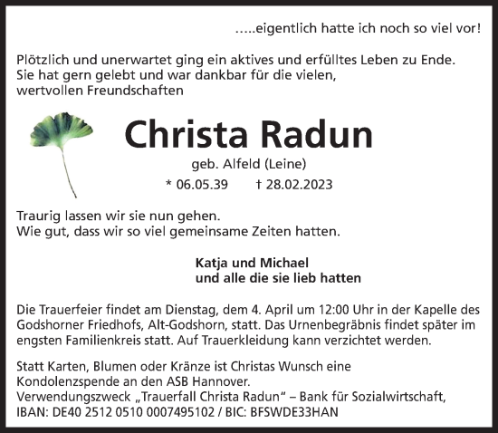 Traueranzeige von Christa Radun von Hannoversche Allgemeine Zeitung/Neue Presse