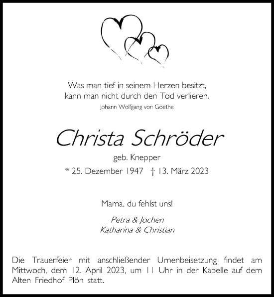 Traueranzeige von Christa Schröder von Kieler Nachrichten