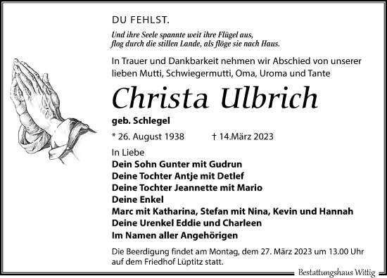 Traueranzeige von Christa Ulbrich von Leipziger Volkszeitung