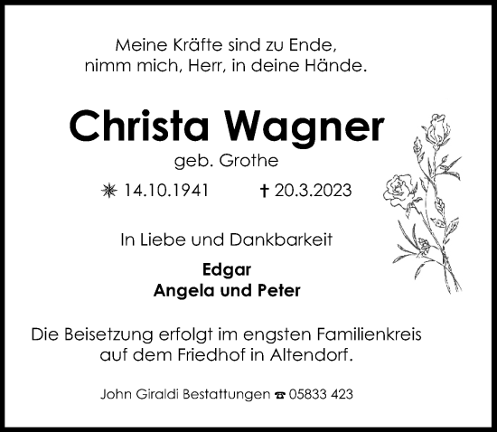 Traueranzeigen von Christa Wagner | trauer-anzeigen.de