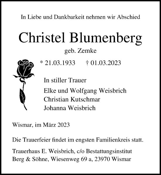 Traueranzeige von Christel Blumenberg von Ostsee-Zeitung GmbH
