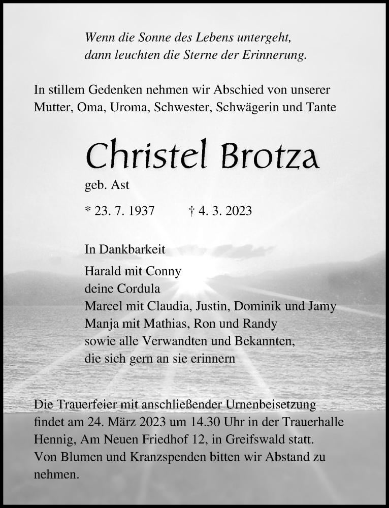  Traueranzeige für Christel Brotza vom 18.03.2023 aus Ostsee-Zeitung GmbH