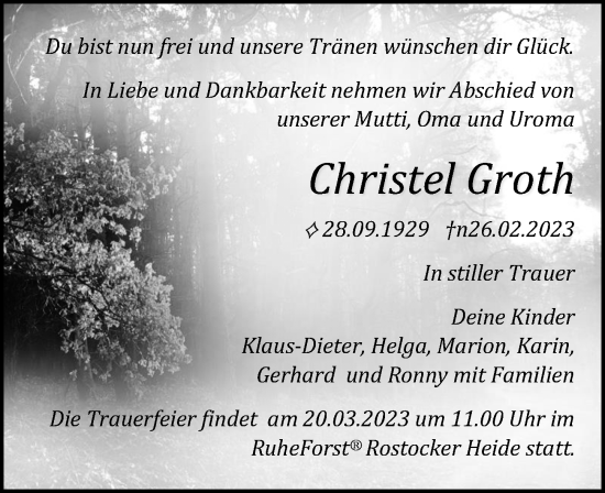Traueranzeige von Christel Groth von Ostsee-Zeitung GmbH