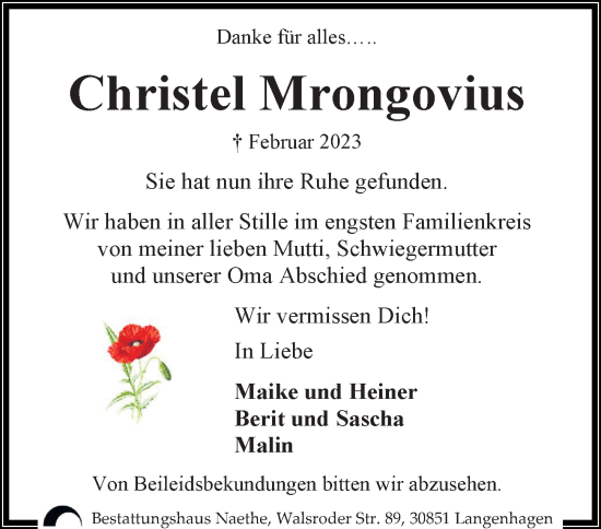 Traueranzeige von Christel Mrongovius von Hannoversche Allgemeine Zeitung/Neue Presse