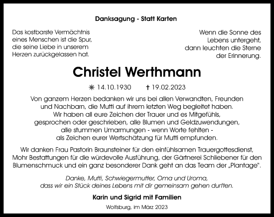 Traueranzeige von Christel Werthmann von Aller Zeitung