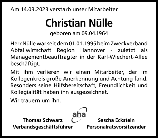 Traueranzeige von Christian Nülle von Hannoversche Allgemeine Zeitung/Neue Presse