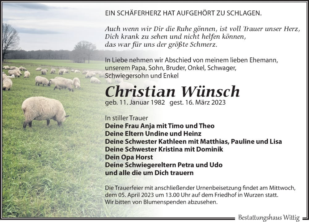  Traueranzeige für Christian Wünsch vom 25.03.2023 aus Leipziger Volkszeitung