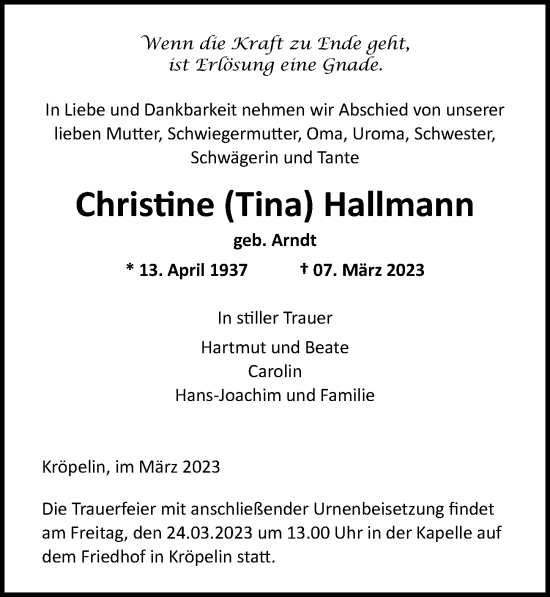 Traueranzeige von Christine Hallmann von Ostsee-Zeitung GmbH