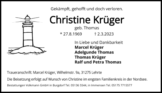 Traueranzeige von Christine Krüger von Hannoversche Allgemeine Zeitung/Neue Presse