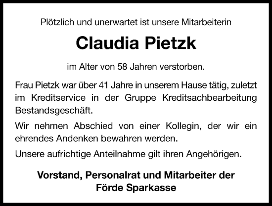 Traueranzeige von Claudia Pietzk von Kieler Nachrichten