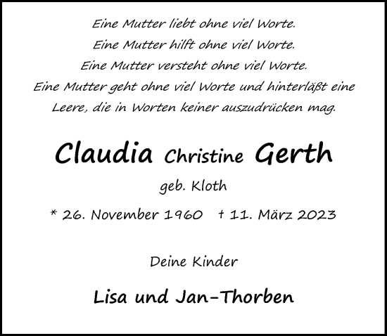 Traueranzeige von Claudia Christine Gerth von Lübecker Nachrichten