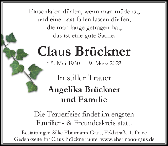 Traueranzeige von Claus Brückner von Hannoversche Allgemeine Zeitung/Neue Presse