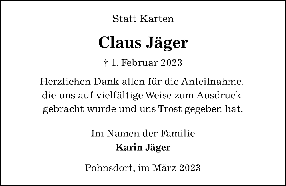  Traueranzeige für Claus Jäger vom 11.03.2023 aus Kieler Nachrichten