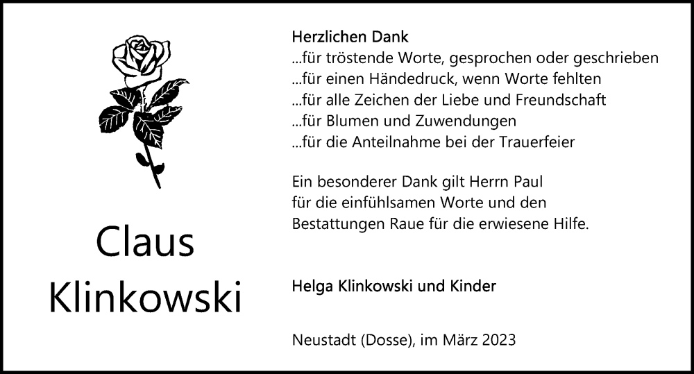  Traueranzeige für Claus Klinkowski vom 11.03.2023 aus Märkischen Allgemeine Zeitung