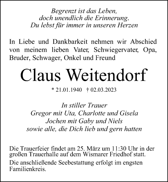 Traueranzeige von Claus Weitendorf von Ostsee-Zeitung GmbH