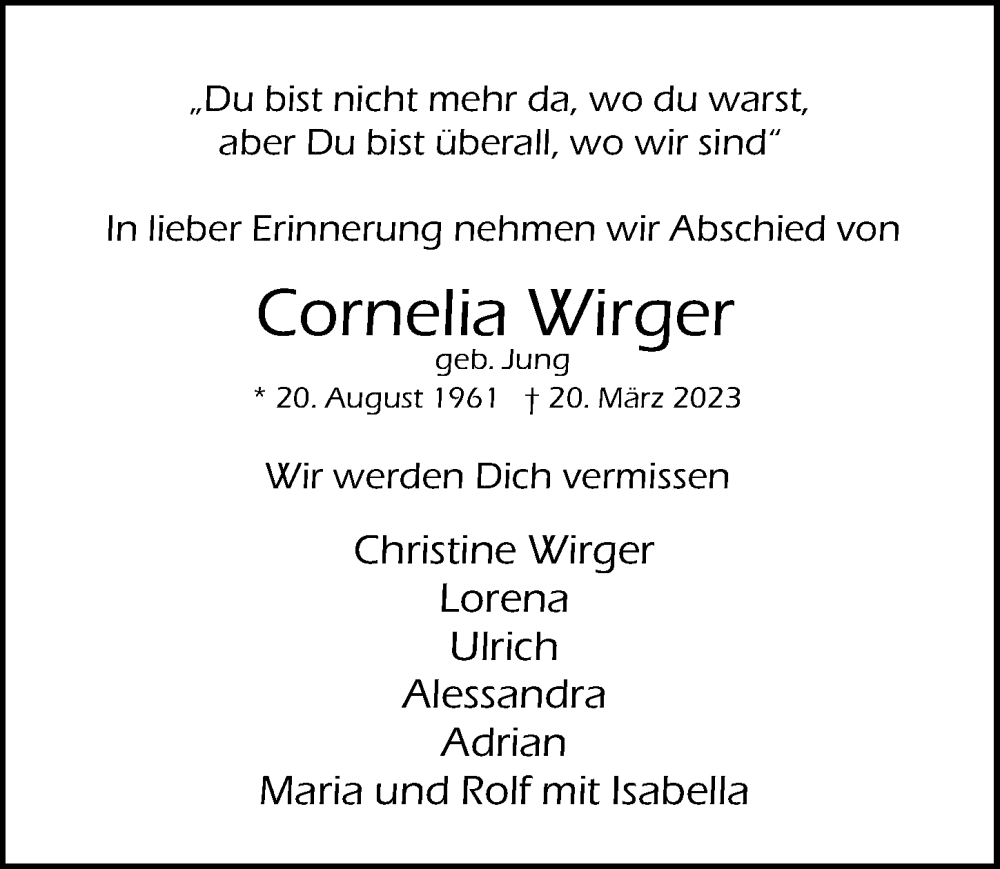  Traueranzeige für Cornelia Wirger vom 26.03.2023 aus Lübecker Nachrichten