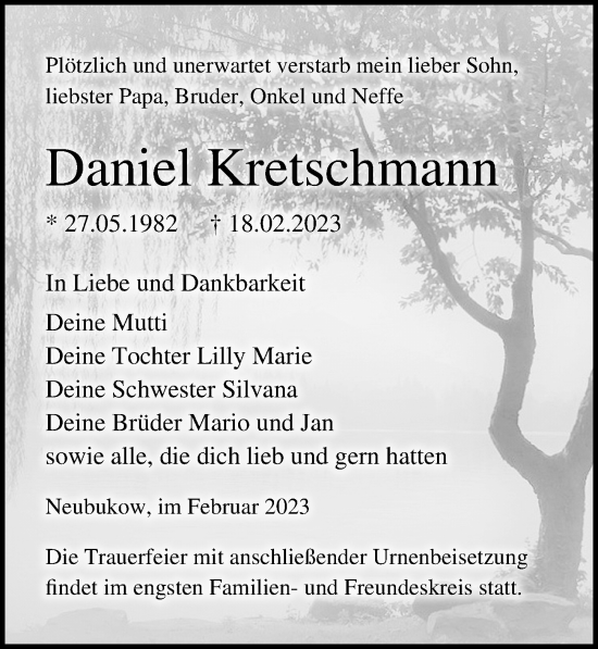 Traueranzeige von Daniel Kretschmann von Ostsee-Zeitung GmbH