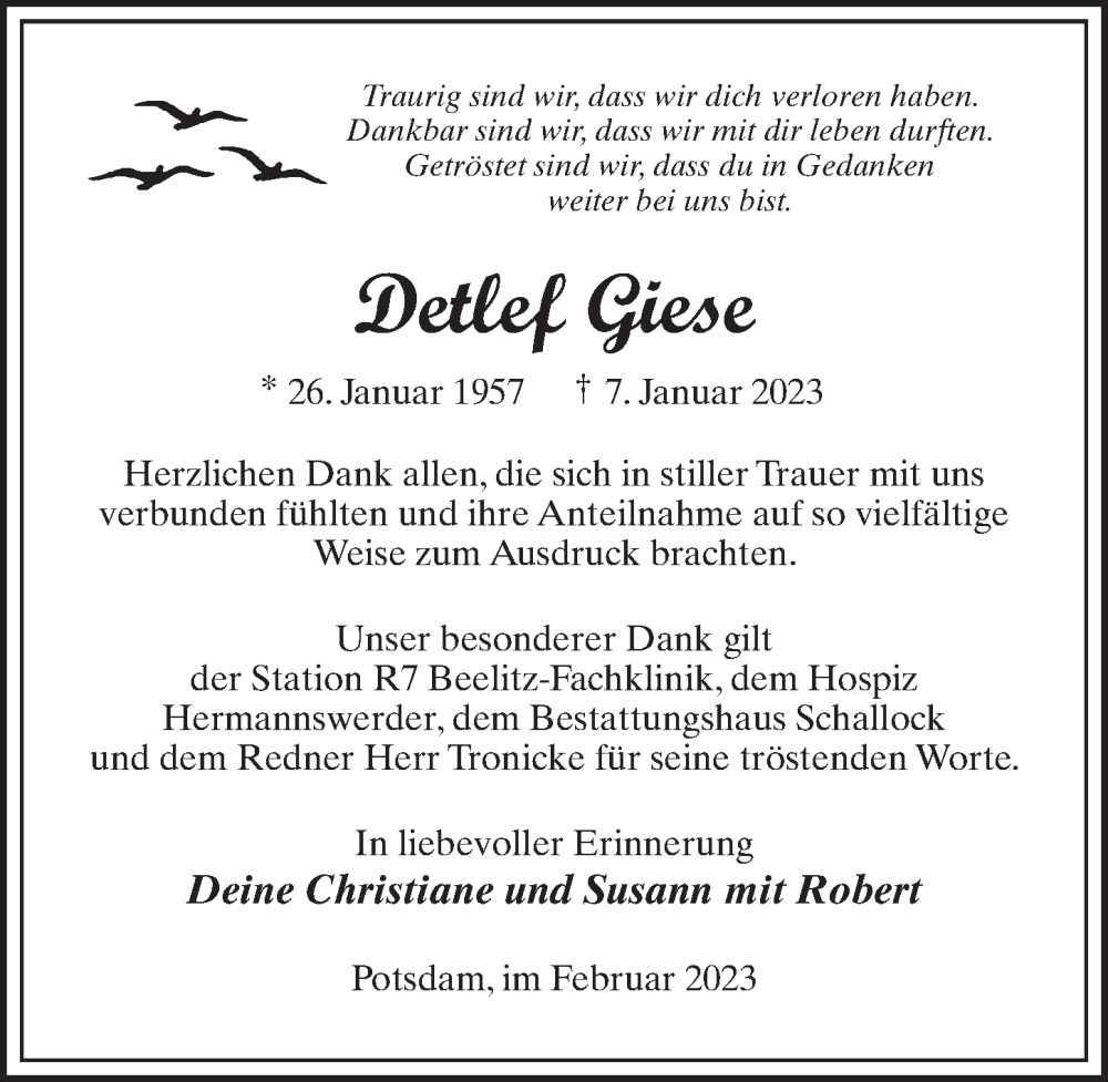  Traueranzeige für Detlef Giese vom 04.03.2023 aus Märkischen Allgemeine Zeitung