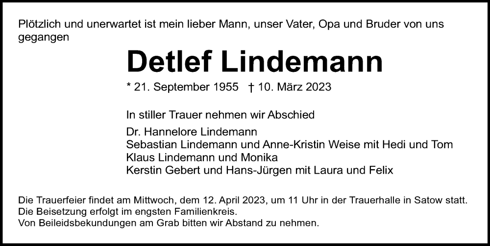 Traueranzeige für Detlef Lindemann vom 25.03.2023 aus Ostsee-Zeitung GmbH