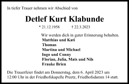 Traueranzeige von Detlef Kurt Klabunde von Kieler Nachrichten