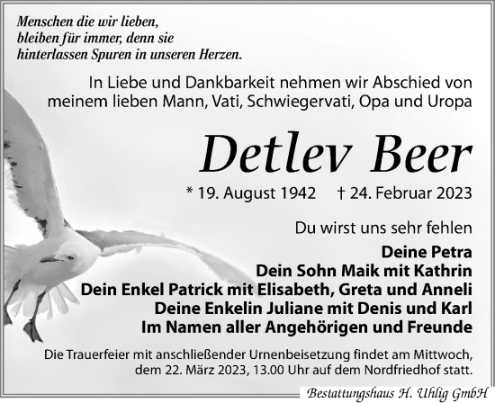 Traueranzeige von Detlev Beer von Leipziger Volkszeitung