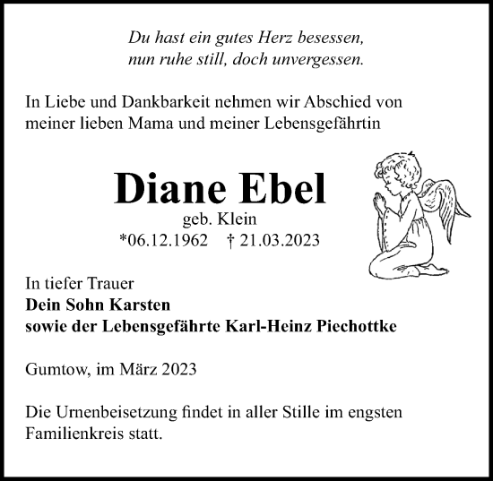 Traueranzeige von Diane Ebel von Märkischen Allgemeine Zeitung
