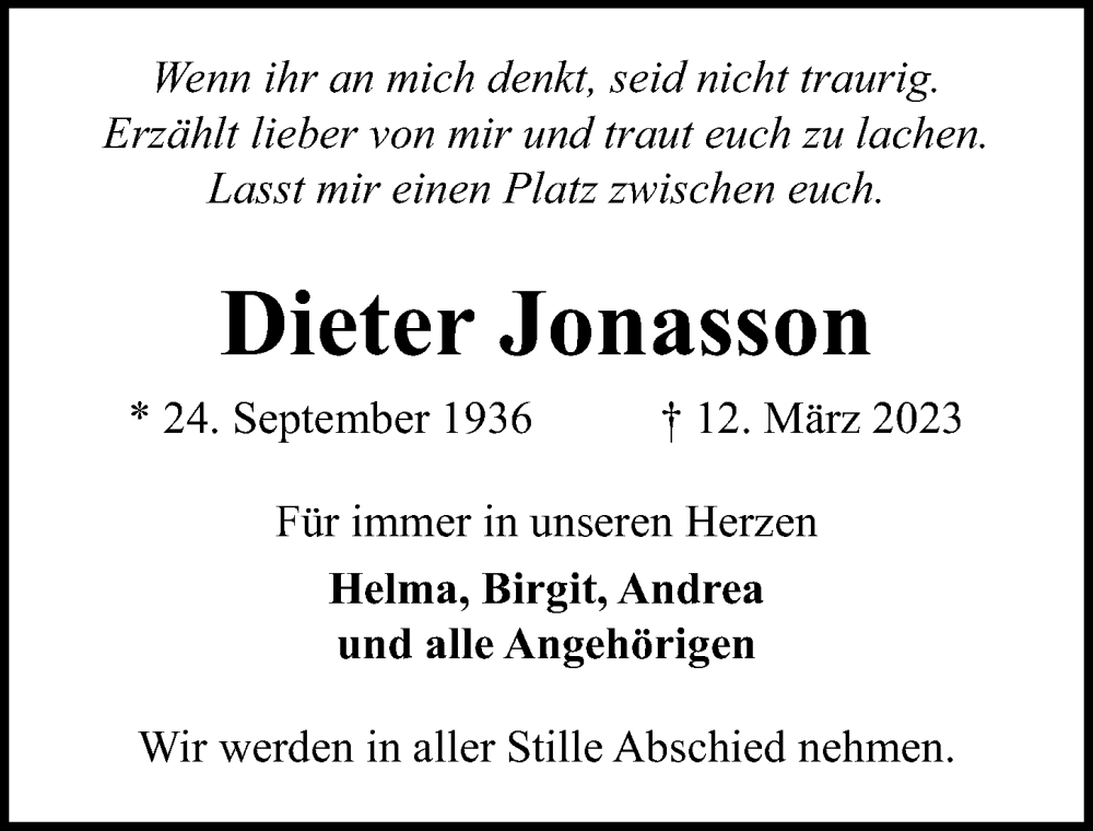  Traueranzeige für Dieter Jonasson vom 19.03.2023 aus Lübecker Nachrichten