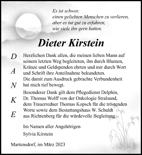 Traueranzeige von Dieter Kirstein von Ostsee-Zeitung GmbH
