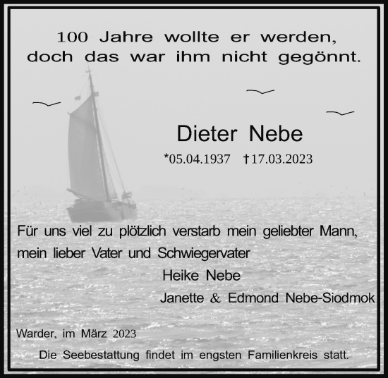 Traueranzeige von Dieter Nebe von Kieler Nachrichten
